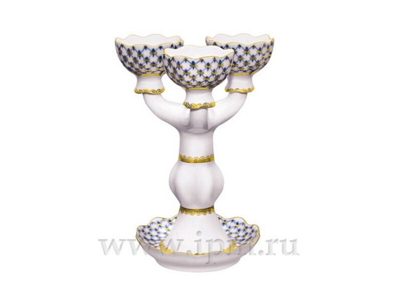 Подсвечник фарфоровый трехрожковый Кобальтовая сетка