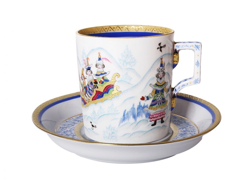 Чашка с блюдцем чайная форма Гербовая с рисунком Зимние забавы 4