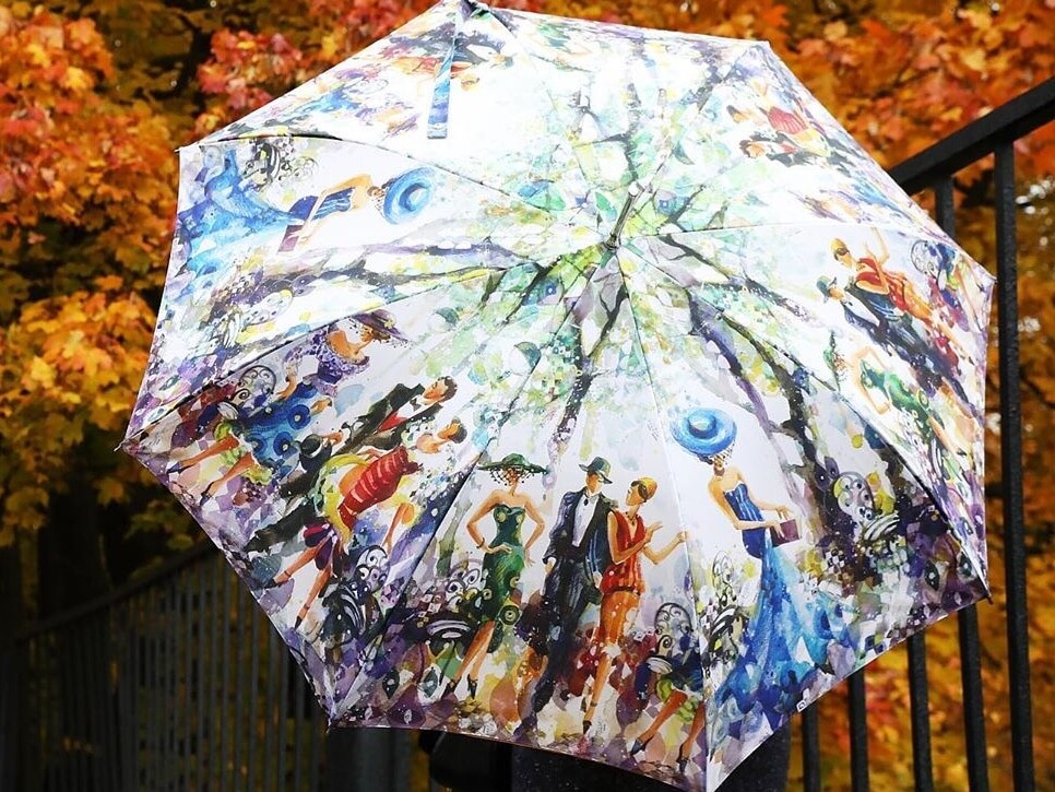 Зонт - трость рисунок Люксембургский Сад в чехле - желтый внутренний купол