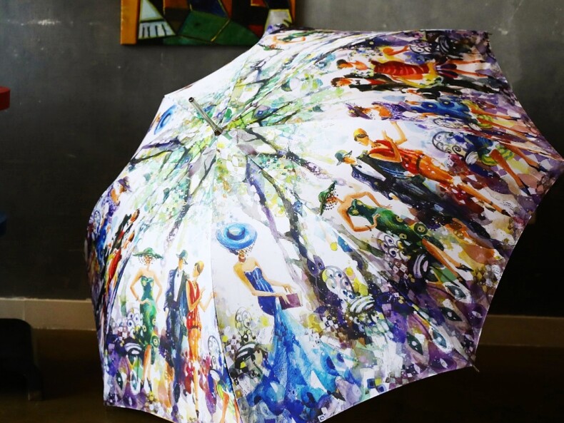 Зонт - трость рисунок Люксембургский Сад в чехле - синий внутренний купол