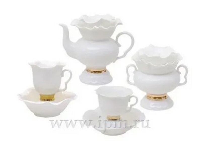 Сервиз чайный формы "Белый цветок" - Золотая лента - 14 предметов на 6 персон