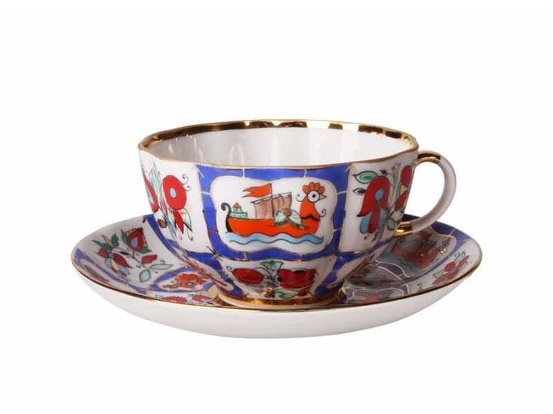 Чашка с блюдцем чайная формы Тюльпан с рисунком Русский лубок